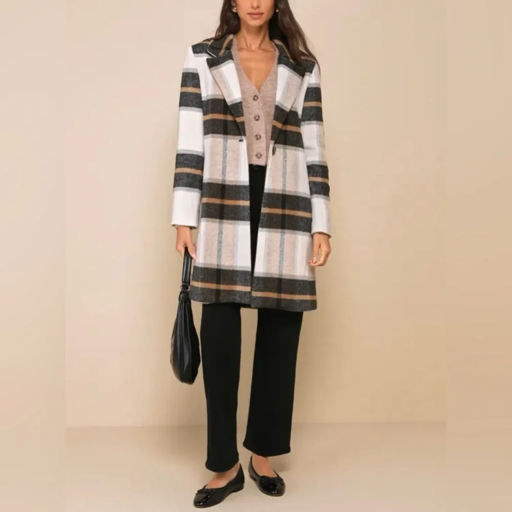 Steve Madden Cher Ivory Plaid Brushed Coat Wool Blend size S NWOT